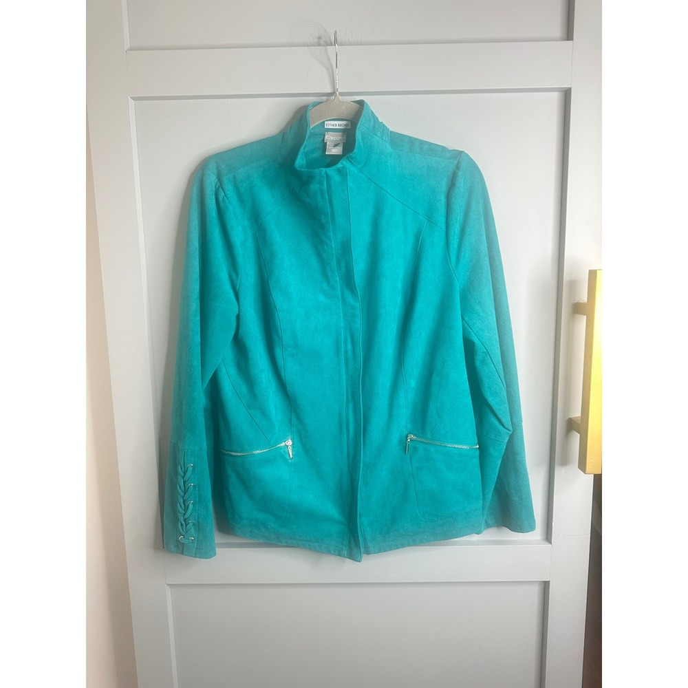 Chicos Esther Brown Teal Suede Moto Jacket‎ Lace Up Sleeve Zip Pocket s Sz 8/10